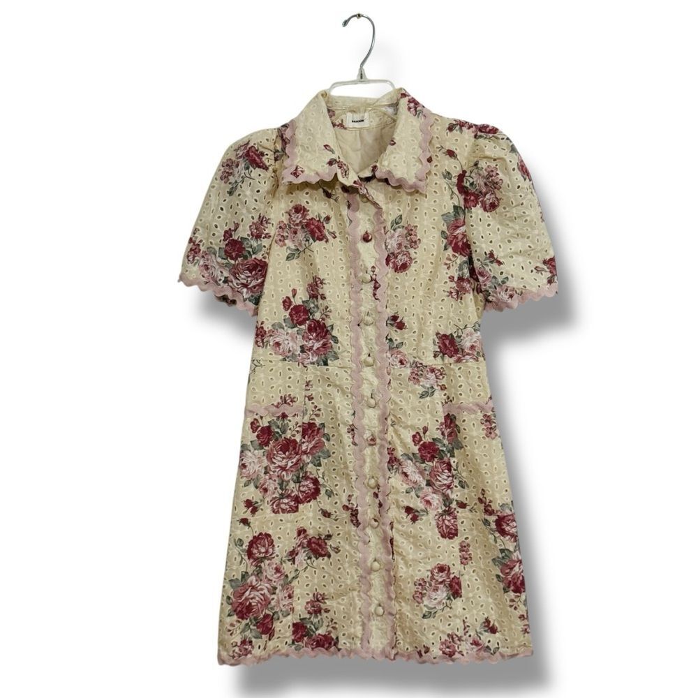 Aureum White Eyelet Floral Mini Dress Short Sleeve Size Small Boho Cottagecore